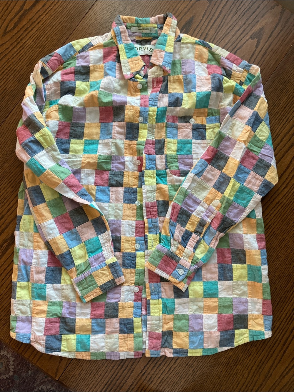 Orvis Patchwork Check Button-Down Shirt in Yellow, Green, Blue, Pink